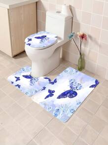 1pc/4pcs Set Blue Butterfly & Floral Multifunctional Bathroom Waterproof Shower Curtain With 12 Hooks, Bathroom Anti-Slip Mat, U-Shape Toilet Mat And Round Toilet Seat Cover, Bathroom Accessory Set For Full Scene Use