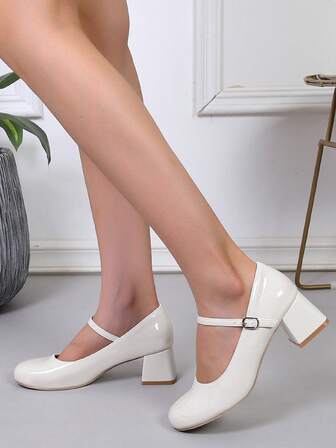 New Glossy Patent Leather Thick Heel Round Toe Red High Heels For Women. Instep Strap Mary Jane Pumps, Comfortable Indoor Outdoor Party Shoes. Leopard Print Bohemian Style White High Heels