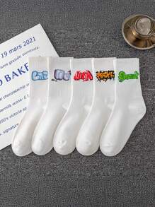 5/9 đôi tất unisex, màu trắng ngẫu nhiên, phù hợp cho mọi mùa, thiết kế chữ graffiti hoạt hình, tất thể thao tối giản thời trang thoáng khí dài đến bắp chân, thích hợp cho mùa thu. - trắng - Xem 7