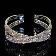 1 pieza Brazalete elegante y lujoso tipo cruzado abierto decorado con piedras de circonita sintética, joyería única de estilo francés para mujer