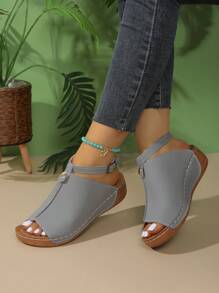 New Spring/Summer Fashion Women Platform Wedge Beach Sandals, Thick Sole With Stitching (Shoelaces Can Be Removed And Adjusted) - Grey - View 2