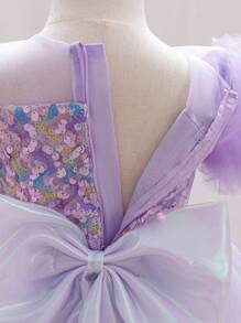 H HIBOBI Girl's Short Sleeve Bowknot Gradient Sequin Mesh Birthday Party Dress - Purple - View 7