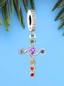 1pc 925 Sterling Silver Cross Pendant, Studded With Colorful Cubic Zirconia Stones, DIY Jewelry, Suitable For Men And Women, Easter Gift - Silver - View 3