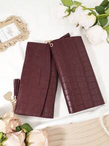 勃艮第包 Charry 红色包 酒红色包，女士时尚长款钱包，多功能三折钱包，带卡槽和拉链袋，时尚鳄鱼纹设计，流苏和心形五金装饰，大容量可容纳纸币、硬币、信用卡，适合送礼、户外、办公和日常使用 - 酒紅色 - 查看 8