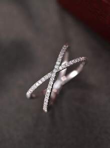 1pc S925 Sterling Silver Cross Design Synthetic Cubic Zirconia Ring, Fashion & Elegant Lady Daily Wear Quality Jewelry