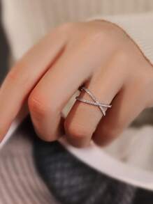 1pc S925 Sterling Silver Cross Design Synthetic Cubic Zirconia Ring, Fashion & Elegant Lady Daily Wear Quality Jewelry
