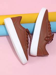 Brown Lace-Up Low-Top Flat Walking Shoes For Women, Comfortable Travel Casual Sneakers, School/Campus Style Suitable For Holidays, Parties, Gatherings, Commuting, Gift - Brown - View 4