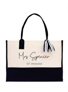 Personalized Lady Surname Estimate Year Tote Bag, Wedding Party Bridal Gift, Honeymoon Present, Customize Bridesmaid Gift, Portable, Multifunction, Versatile, Large Capacity, Lightweight, Functional, Practical, All-Purpose, Colorful, Cute, Adorable, Kawaii, Y2K, Vacay Vibes/Vacation, Leisure, Commuting, Business Casual, Travel Bag, Tote Bag Large, Girlfriend, Boyfriend, Family, Friends, For Outdoors/Outings/Travel/Hiking/Stadium/Sports/Climbing, For Business/Commute/Work/Office, Vacation,School Supplies,Back To School,School Gift,For Office,For School,For Classroom,For Teacher Gifts,For University,For Colleague,For Dorm Rooms,For Teacher,For Boys And Girls,For Teenagers,Junior High School Students,Middle School Students,High School Senior High School Students,College Students,University Students,Freshman,Sophomore,Underclassmen