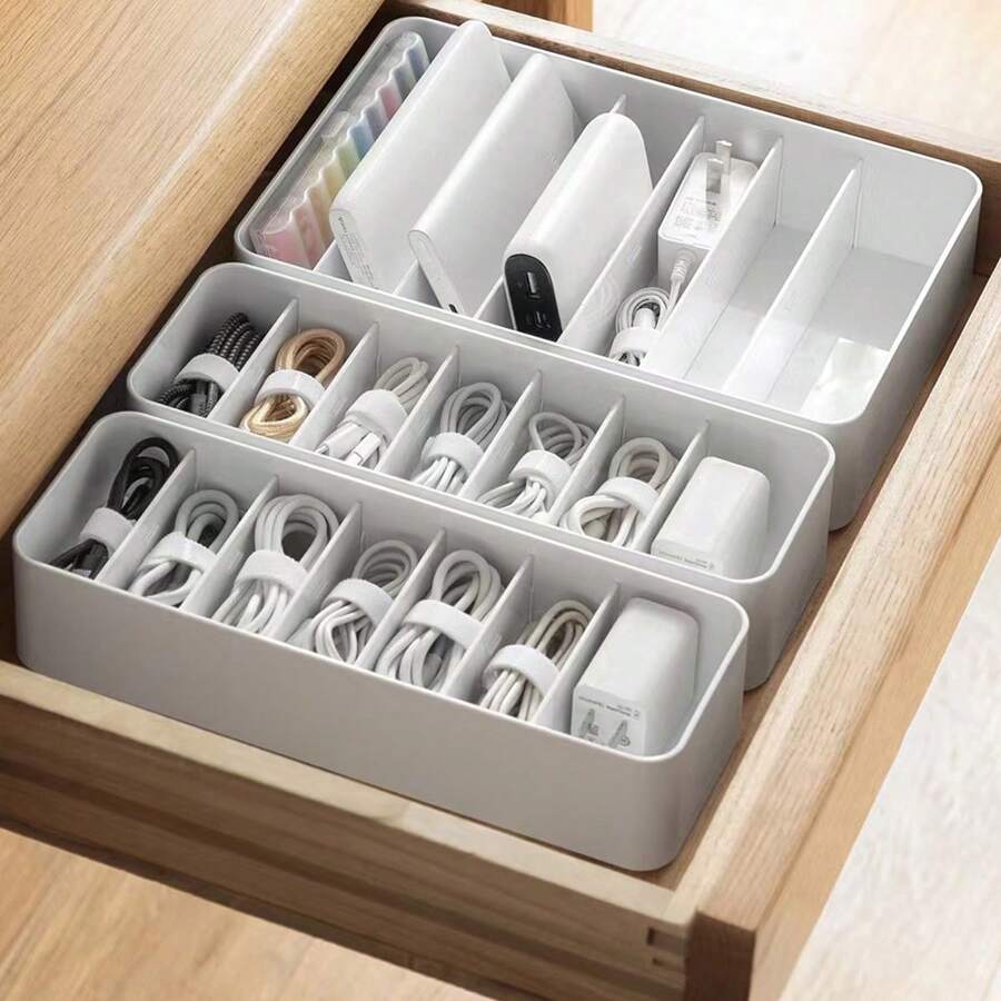1pc New Adjustable Desktop Cable Organizer Box, Multi-Compartment Data Cable Storage Drawer