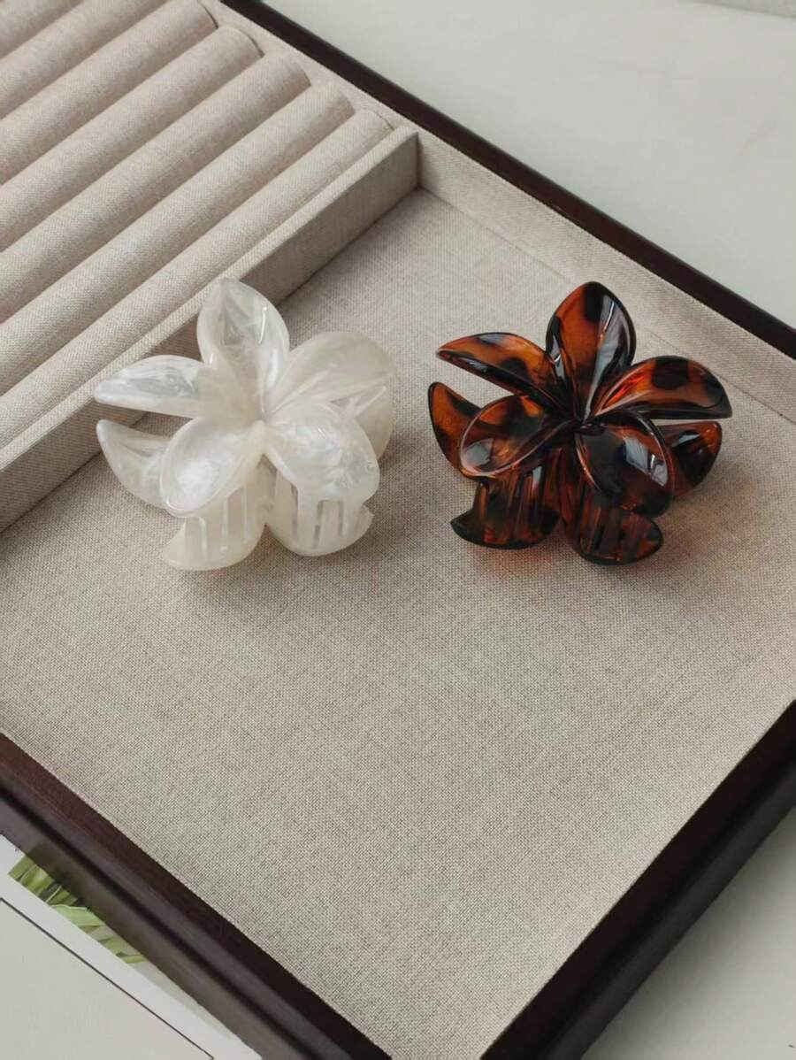 2 件装女士简约豹纹焦糖色亚克力花卉发夹，优雅百搭日常发饰 - 彩色 - 查看 1