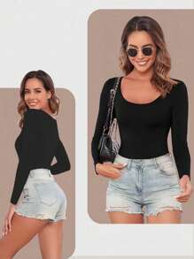 Women's One-Piece Seamless Shapewear, Belly Lift, Hip Lift, Long Sleeves, Large Neckline, Sexy Body Shapewear, Breathable, High-Stretch And Comfortable Briefs - 黑色 - 查看 7
