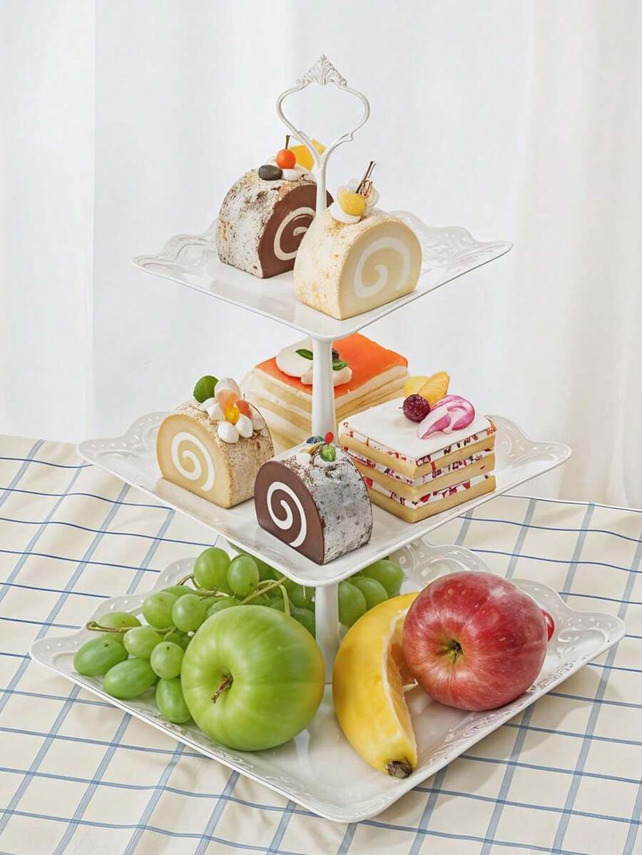 1 pieza Plato de frutas de 3 niveles con relieve blanco, plato exquisito con encaje para mesa de postres, dulces y aperitivos en la sala de estar - Blanco - Ver 1