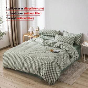 4pcs Plaid Print Bedding Set (1 Duvet Cover + 2 Pillowcases + 1 Bed Sheet), Soft, Breathable, Skin-Friendly, Machine Washable, All Season