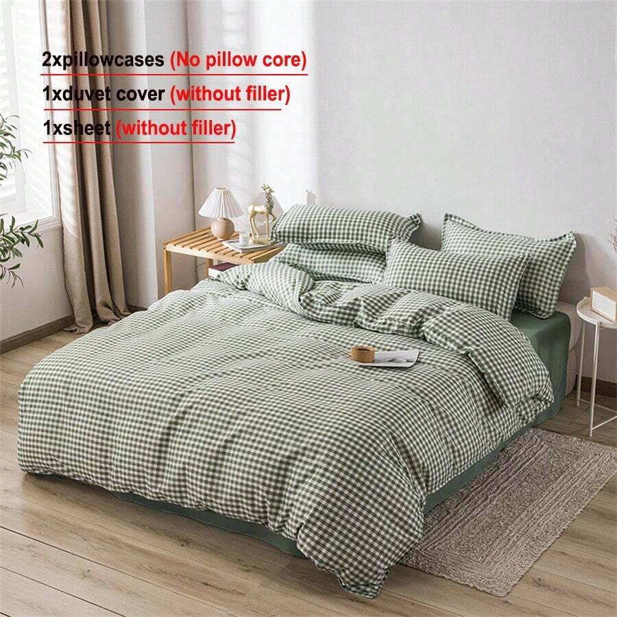 4 件套格子印花床上用品套装（1 件羽绒被套 + 2 件枕套 + 1 件床单），柔软、透气、亲肤、可机洗、四季皆宜