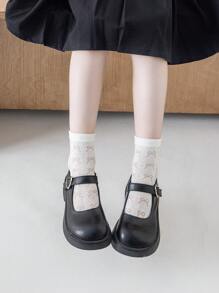 5 双女孩/儿童/幼儿网眼蕾丝边袜子，纯白色，蝴蝶结，波尔卡圆点，格子图案，中筒，条纹，可爱款式，春夏网眼袜，百搭，适合学生日常穿着，返校季，可搭配休闲运动鞋、皮鞋 - 白色 - 查看 5