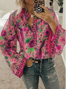 Women Casual Blouse, Long Sleeve Floral Printed Loose V-Neck Tops, Loose Wild Fashion Spring/Fall Top Shirt - 紅色 - 查看 1