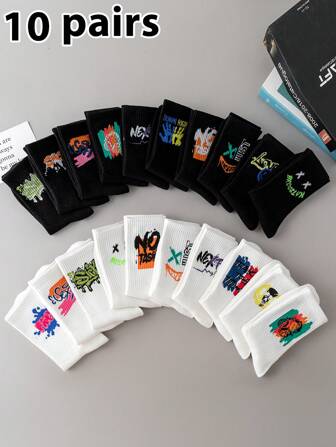 10 双涂鸦印花休闲中筒袜，黑白街头风格，混合搭配，透气中筒袜，时尚情侣袜，春夏秋季