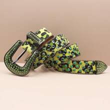 Halloween Bohemian Leopard Pattern Punk Style Rhinestone Studded Skull Design Glitter Waist Belt, Goth Y2k Streetwear Accessory For Pants