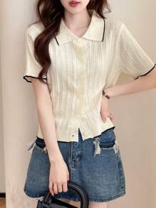 Rikumo Cárdigan de mujer de manga corta, de solapa, de abotonadura sencilla y elegante, informal, para verano e invierno - Beis - Ver 7