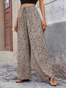 Plus 女士春夏花卉印花阔腿抽绳腰裤 - 卡其色 - 查看 3