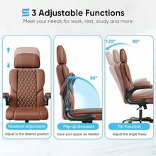 Sytas Executive Leather Office Chair, Comfy Desk Chair With Adjustable Headrest & Flip-Up Padded Arms & Lumbar Support, Adjustable Hight And Tilt, Rolling Swivel, Brown - Brown - View 3