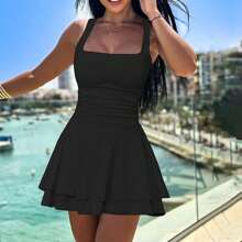 Women's Mini Party Dress Summer Sleeveless Square Neck Solid Color A-Line Dress Short Flowy Dress - màu đen - Xem 4