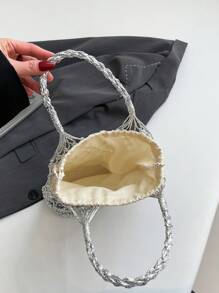 1 件时尚金色和银色镂空编织手提包，新设计手提单肩包，适合海滩度假的多功能手提包 - 銀色 - 查看 9