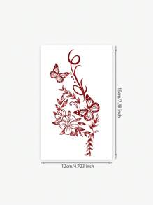1pc Washable Temporary Tattoo Sheet, Red Butterfly & Floral Ink Painting Design, Suitable For Daily Use