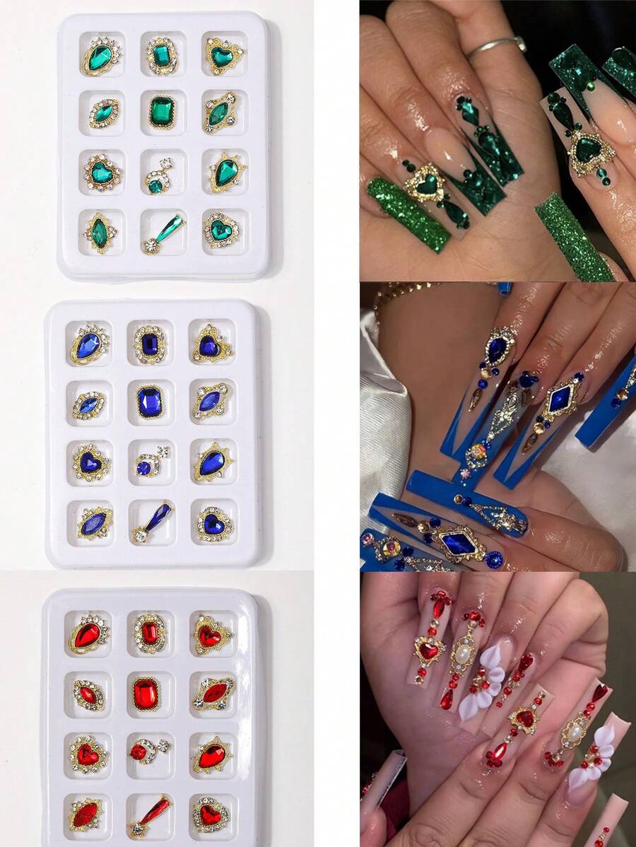 12 件/包 3D 闪亮指甲宝石合金指甲饰物绿蓝红指甲水钻钻石丙烯酸指甲用品 Y2K 指甲哥特指甲设计女士法式指甲 DIY 工艺配件