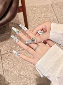 10pcs Heavy Light Blue 3D Rose Metal Butterfly Handmade Nails Acrylic Press On Nails Luxury Lolita Flower Decoration Super Long Coffin Fake Nails Reusable Nails With Jelly Glue And Nail File, DIY Nail Art Supplies, Music Festival Party Daily Wear