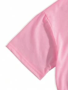 Camiseta de punto de manga corta con estampado de conejito de Pascua y pollito, talla grande, de color rosa, de verano, de estilo casual y elástica - Rosa - Ver 2