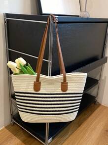 Bolso de paja de estilo de cesta de verduras de lujo ligero, bolso tipo tote de playa de gran capacidad, edición 2025 nuevo de nicho francés - Beis - Ver 8