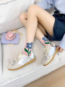 1/5双可爱花朵图案女士中筒袜。休闲女士袜子。透气袜子，秋季 - 彩色 - 查看 9