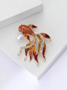 Fashionable Rhinestone Faux Pearl Goldfish Brooch For Women Animal Brooch Dress Suit Pin Accessories Party Banquet Gift