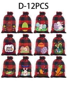 12 件复活节礼品包装袋，兔子和鸡蛋装饰抽绳礼品袋 - 彩色 - 查看 6