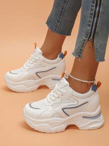 Women's Platform Wedge Sneakers, Short Persons Height Increasing, Mesh Patchwork Breathable Comfortable Casual Shoes - White - View 4