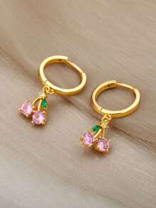 Cute Pink Cubic Zirconia Cherry Shaped Gold Earrings, 18K Gold Plated Silver Anti-Fade Earrings, Suitable For Weddings, Parties, Vacations And Other Occasions, Also Can Be Given As A Commemorative Gift To Best Friends For Daily Wear. - Stainless Steel - View 10