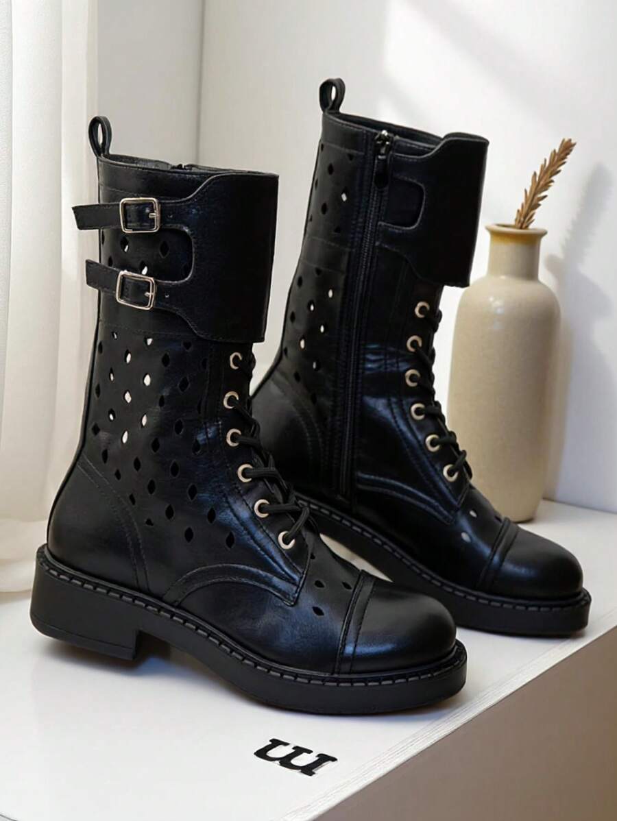 Royalfashion Women's Openwork Lace-Up Boots Belsel - Black - View 1