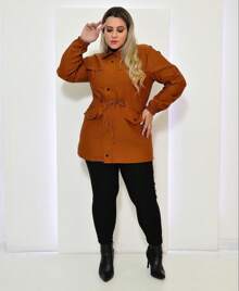 PLUS SIZE OVERCOAT JACKET CINCHED PARKA WINTER COAT BENGALINE - 駝色 - 查看 3