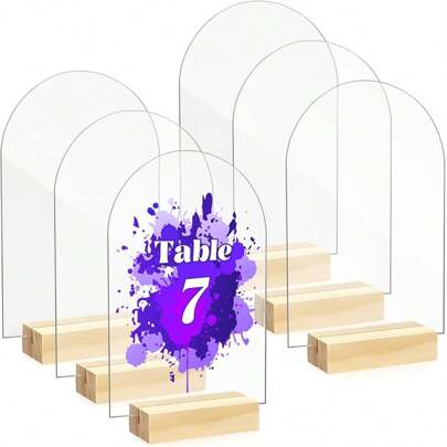5 Packs 4x6 Inch Blank Clear Arch Acrylic Sign With Wooden Stands, Arched Round Top Acrylic Sheet, Blank Clear Arch Signs, DIY Acrylic Arch Table Numbers, For DIY Name Card Gifts Event Party Sign Decoration, Wedding Reception, Centerpiece, Decoration, Party, Anniversary, Event