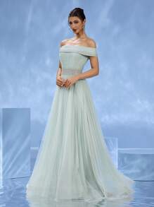 DELLA COUTURE Off The Neck Floor Length Evening Dress For Wedding Celebrations, Banquets And Parties. Its Floor Length Design Makes It A Great Choice For Women Summer Dresses, Wedding Guest Dress, Which Is An Exquisite Formal Dress For Women, Party Dress, For Cocktail - Light Green - View 6