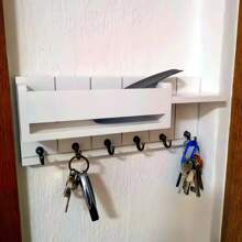 乡村风格木质壁挂式钥匙架，配有 6 个挂钩、邮件整理器和钥匙扣，适用于入口、厨房、农舍、客厅装饰、墙钩、易于安装、木质材料、墙壁相框、自粘式墙钩、挂钩、挂钩、墙钩、浴室、毛巾架、挂钩、墙钩、挂钩、墙钩、门衣架