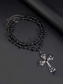 2pcs Unisex Punk Cross Pendant Faux Pearl Necklace, Adjustable Charm Jewelry, Couples' Necklace - 2-piece Set - View 10