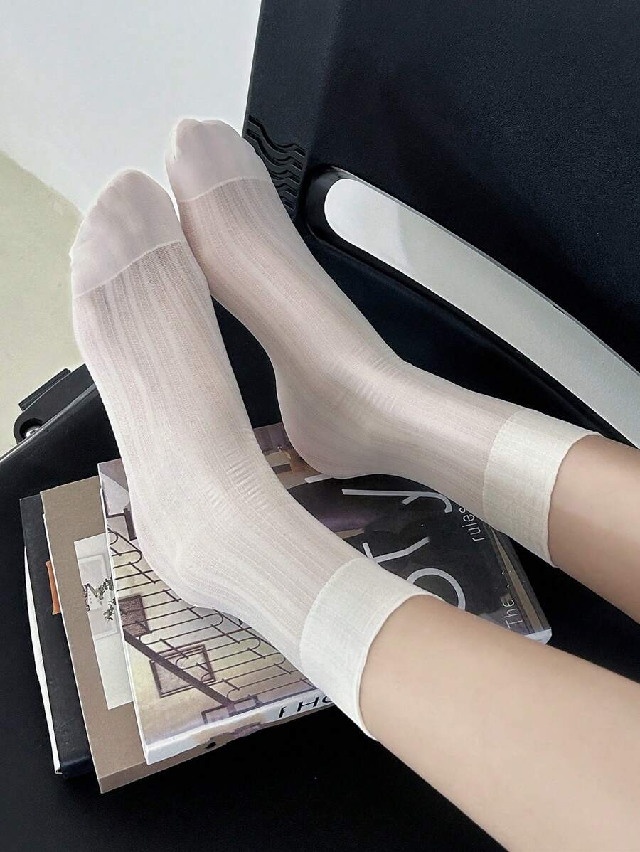 1/3/6双薄款女士中长袜。透气袜子。透明长筒袜。纯色女士袜子，秋季 - 彩色 - 查看 1