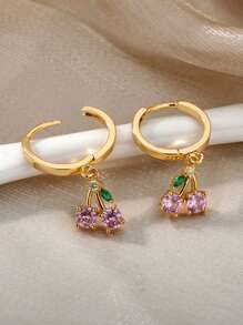 Cute Pink Cubic Zirconia Cherry Shaped Gold Earrings, 18K Gold Plated Silver Anti-Fade Earrings, Suitable For Weddings, Parties, Vacations And Other Occasions, Also Can Be Given As A Commemorative Gift To Best Friends For Daily Wear. - Stainless Steel - View 7