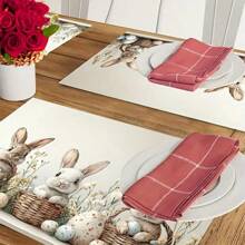 1/4/6 Pcs Easter Bunny Placemats, Polyester Woven Rectangular Table Mats With Eucalyptus Leaves, Machine Washable, Spring Holiday Dining & Kitchen Decor