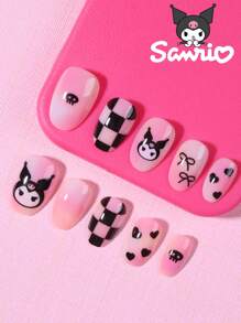 Sanrio Sanrio Hello Kitty Set de 24 uñas postizas ovaladas cortas 3D Kulomi con diseño de lazo y corazón con perlas, ajuste perfecto, incluye 1 pegamento de gelatina y 1 lima de uñas, uñas Kulomi para uso diario, de fiesta y reunión de mujeres y niñas. Redescubre la sofisticación de las uñas con estas uñas de aplicación
