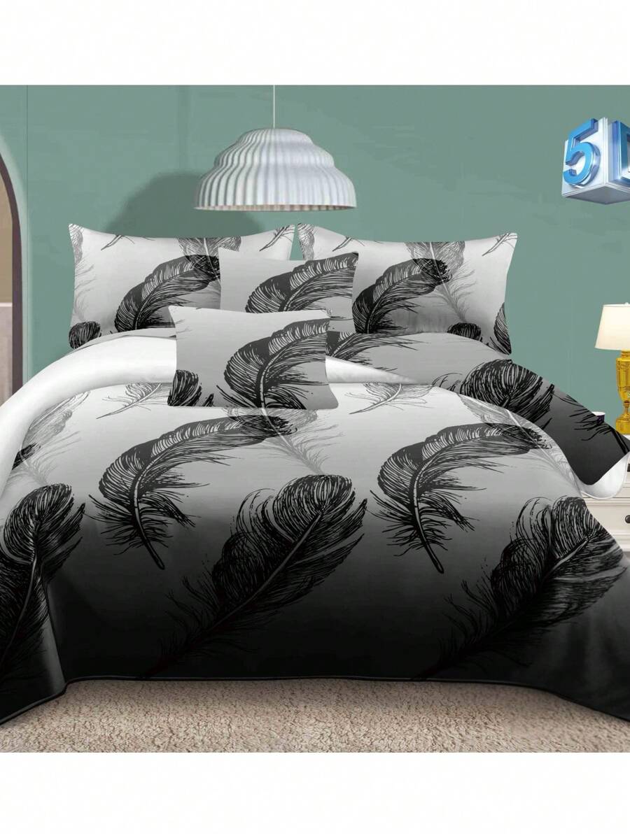 Juego de ropa de cama con estampado de plumas negras y degradado de gris a negro, nuevo para primavera y otoño