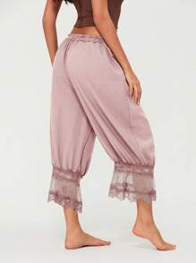 Women Lace Trim Long Bloomers Elastic Mid Rise Ruffle Pantaloons Cropped Flared Slips Pants Bottoms - Pink - View 3