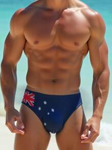 Fashion Men's Sexy Swimwear Briefs, Summer Beach Pool, Men's Quick Dry Flag Print Swimming Shorts, Swim Trunks, Men's Printed Bulge Triangle, Hawaiian